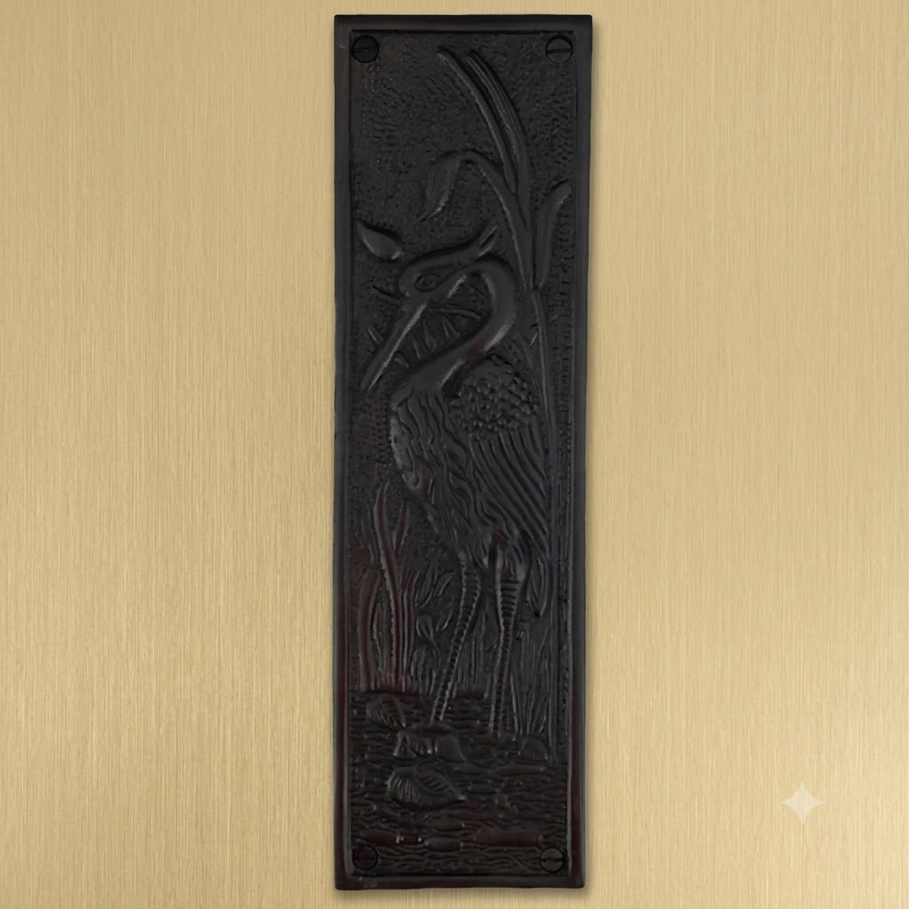 "The Marshland" Blue Heron Motif Push Plate in Aged Bronze Finish