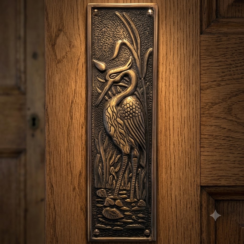 "The Marshland" Blue Heron Motif Push Plate in Hand Highlighted Bronze