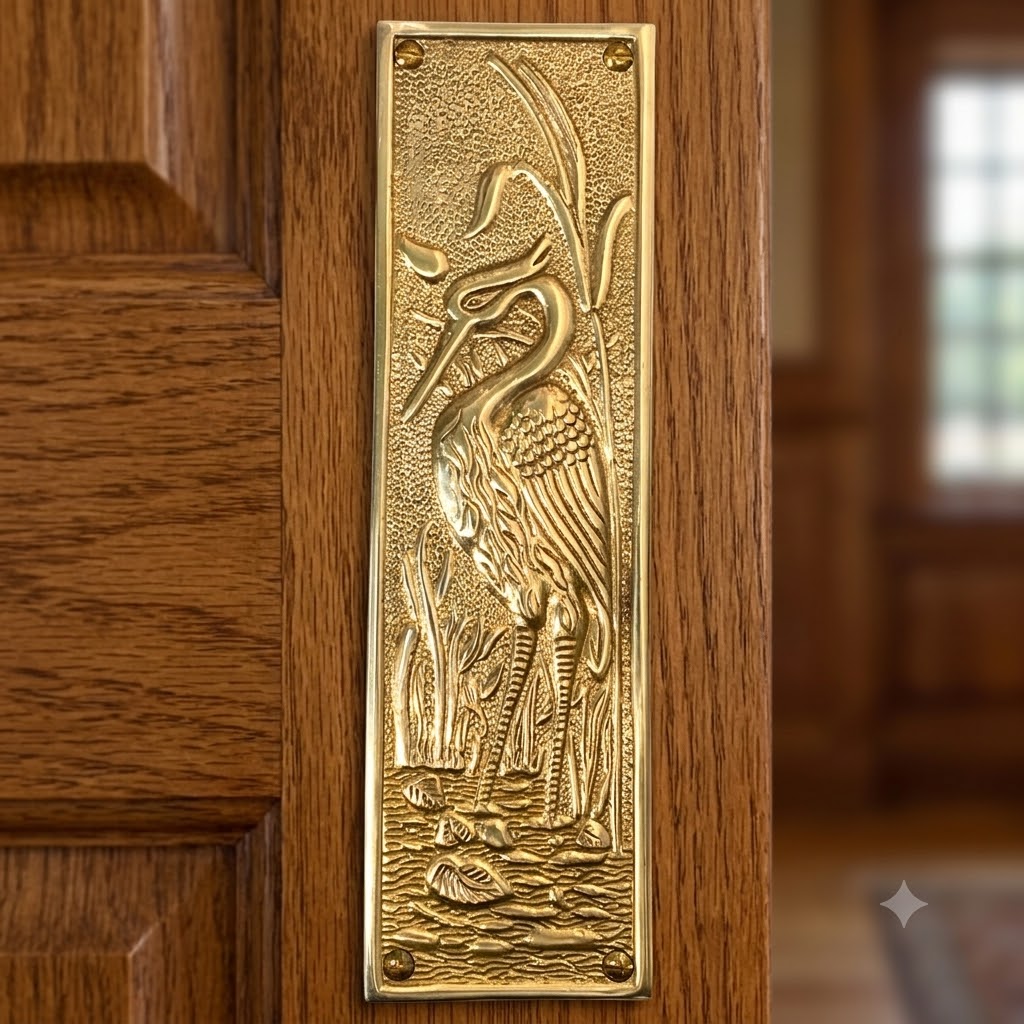 "The Marshland" Blue Heron Motif Push Plate in Solid Brass