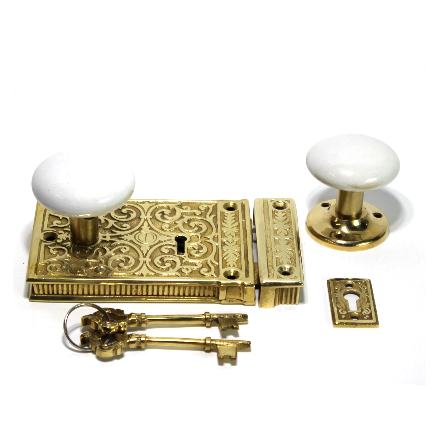 Victorian Style Solid Brass Ornate Rim Lock with White Porcelain Knobs